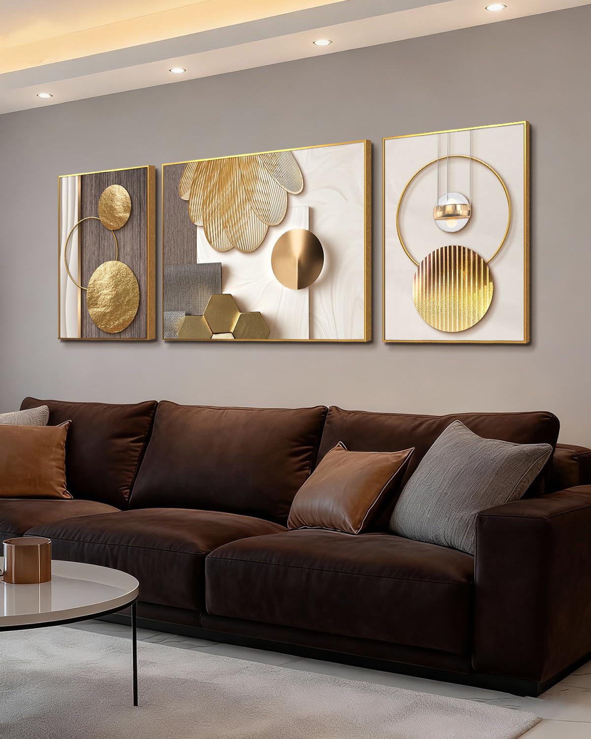 Azartslr Large Framed Modern Rose Gold Wall Art, Luxury 3 Pieces Aluminum Alloy Wall Decor for Living Room, Abstract Gold and Beige Home Bedroom Art Painting, Geometric Crystal Porcelain Artwork Dining Room Pictures Decoration
