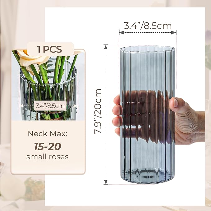 ComSaf Glass Cylinder Vases, Bud Vase for Centerpieces, 8 Inch Tall Ribbed Vase Hurricane Floating Candle Holder, Decorative Flower Vases for Wedding Reception, Home Decor, Housewarming Gift (Grey)