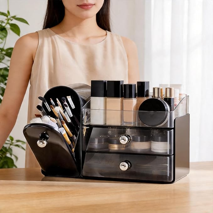 Makeup Organizer with Makeup Brush Holder, Cosmetic Organizer with 2 Drawer for Lipsticks, Perfumes, Eyeshadow Palettes and Nail Polishes (Black)