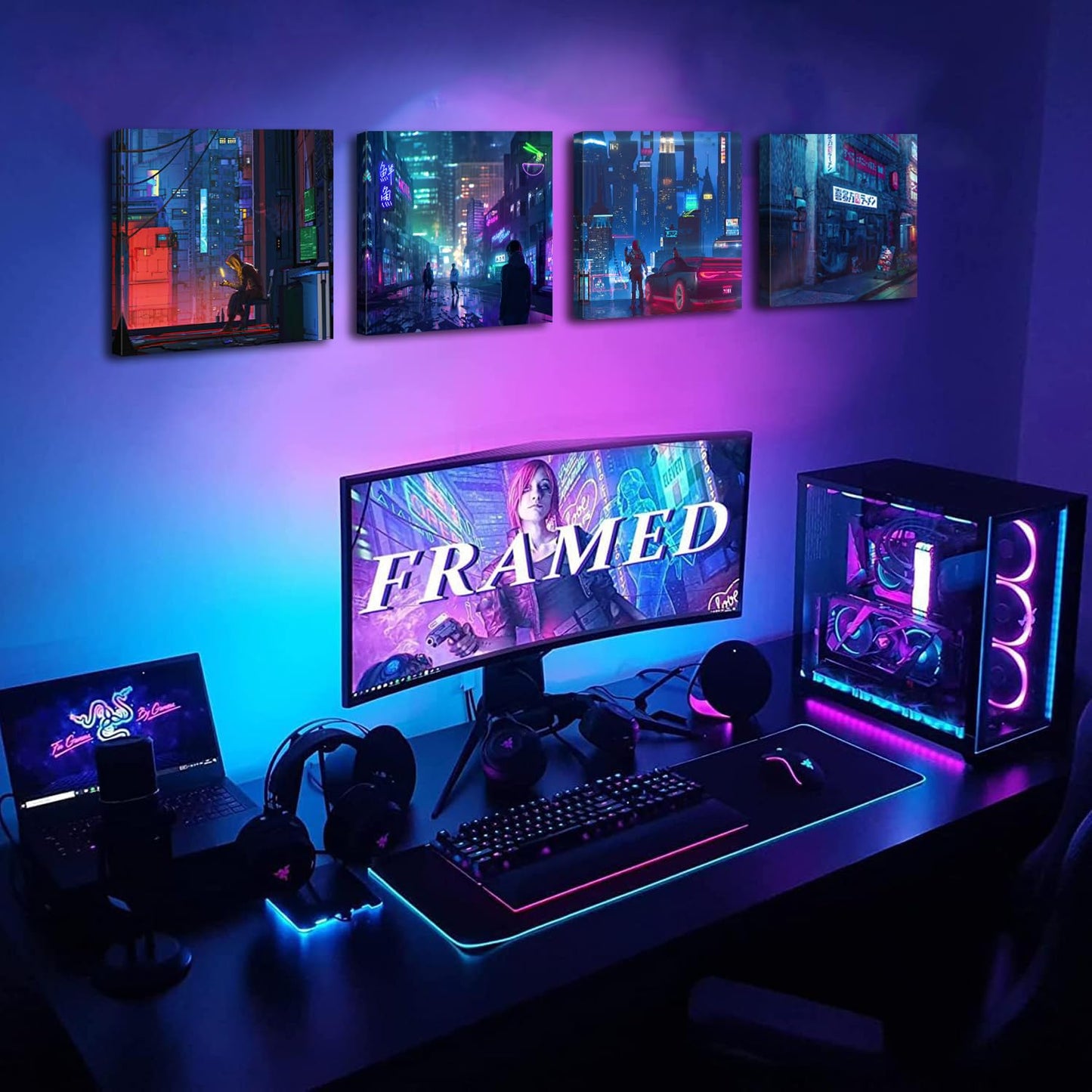 Japanese Anime Wall Art Cyberpunk Anime Posters for Bedroom Decor Tokyo Neon Night City Canvas Prints Gamer Wall Decor Modern Pop Gamer Posters for Boys Room Playroom Home Decorations 12x12 4Pcs