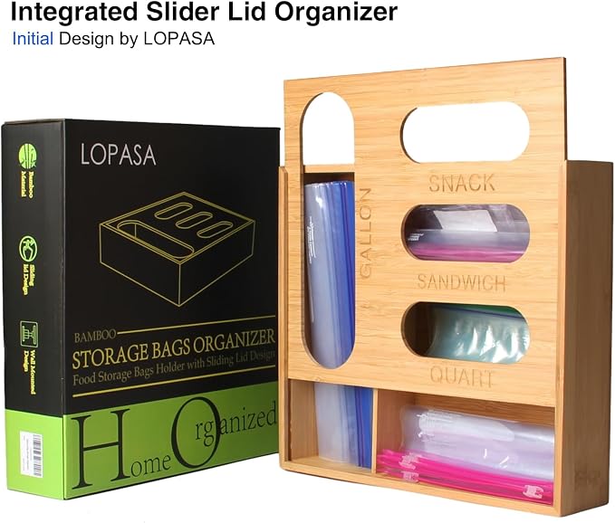 LOPASA Baggie Organizer for Drawer Compatible with Ziplock Food Storage Bag, Sandwich Bag Organization for Kitchen Drawer, Plastic Baggie Storage Box for Pantry(Bamboo)