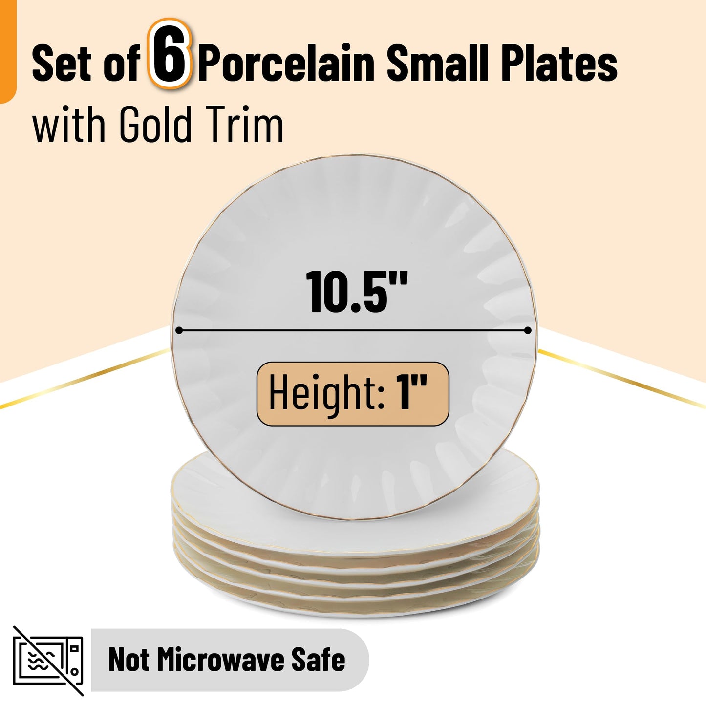BTaT- Porcelain Dinner Plates with Gold Trim,10.5 inch, Set of 6, White Dinner Plates Bulk, White Plate Set