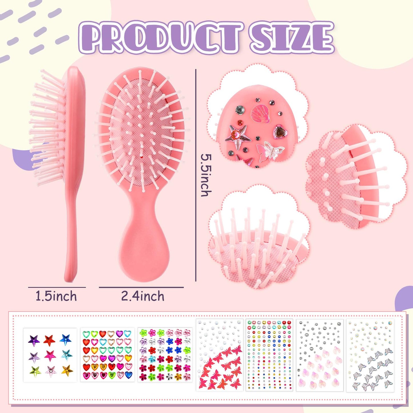 Ferrochef 12 Sets Hair Brush Decorating Kit DIY Mini Hair Brush with Gem Stickers Make Your Own Hairbrush Self-adhesive Rhinestone Stickers Craft Kit for Women Party Gifts