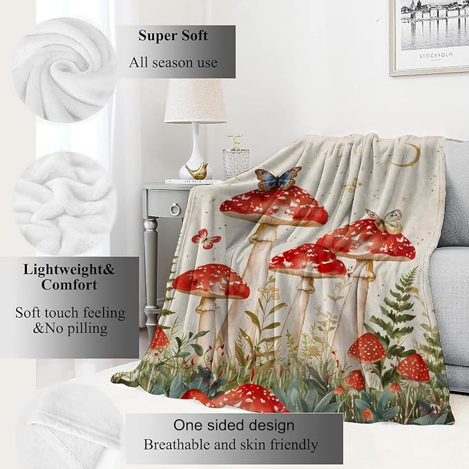 Red Mushroom Blanket Enchanting Forest Throw Blankets with Butterfly,Birthday Gifts for Girls Women & Nature Lovers,Lightweight Soft Fleece,for Sofa Couch Bed Room Fairy Tale Decor 40x50in