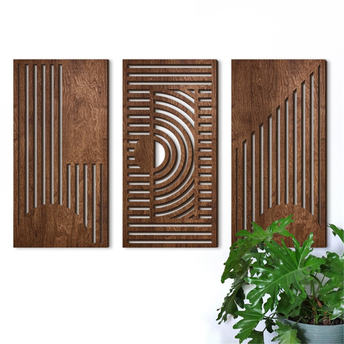 3 Pcs Geometric Wood Wall Art Decor, Wooden Minimalist Wall Hanging Decor, 3D Hollow Carved Craft Art Set, Boho Abstract Wall Sculptures Panels Decoration for Home Living Room Bedroom Kitchen (B)