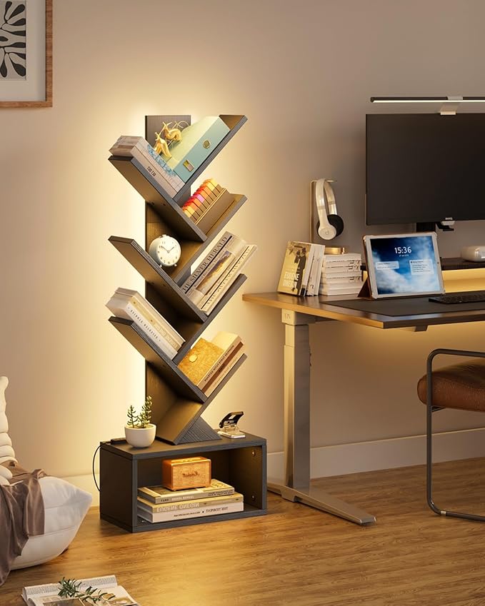 Evermagin 6 Tier Tree Bookshelf with Lights, LED Book Tree Bookcase with Storage Organizer, Small Corner Bookshelf Floor Standing Book Shelf for Living Room, Bedroom & Home Office, Black