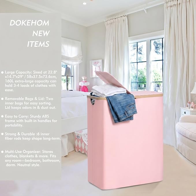 DOKEHOM 160L Extra Large Laundry Hamper with Lid, 2-Section Double Laundry Basket with Removable Mesh Liner Bags, Collapsible Clothes Sorter for Family, Bedroom, Laundry Room, Pink