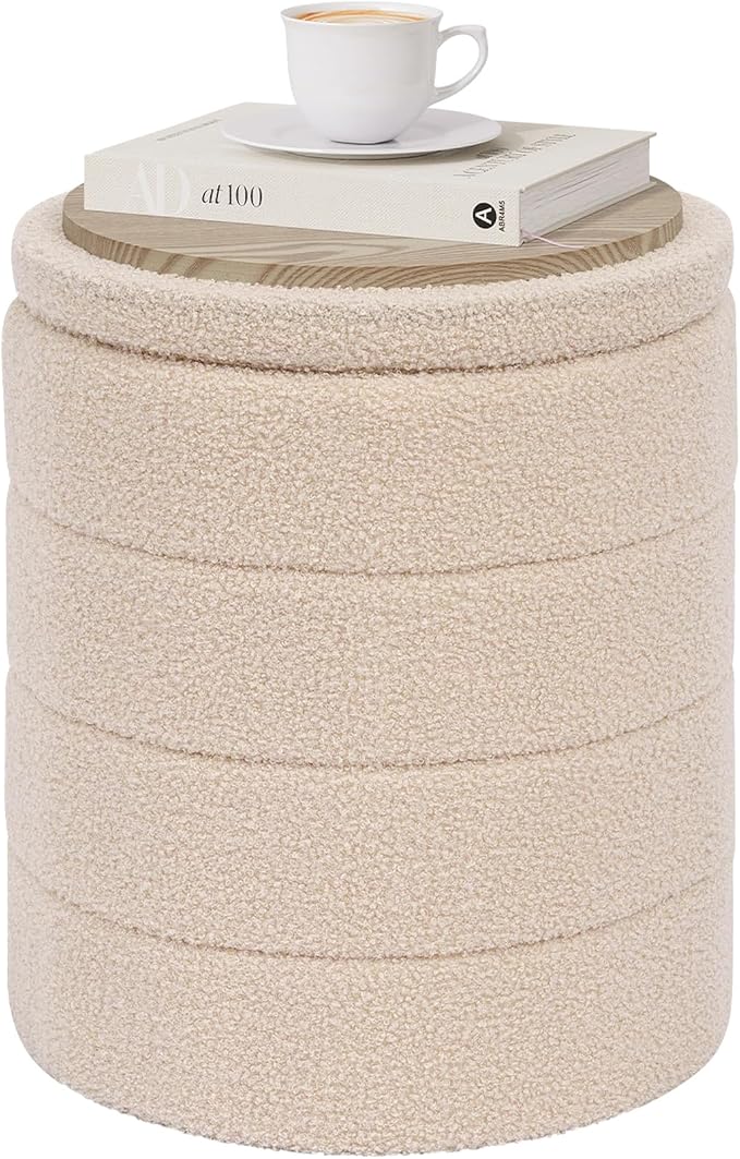 PINPLUS Round Storage Ottoman Foot Rest Stool with Tray Velvet Sherpa Folding Storage Ottoman,Boucle Foot Rest for Living Room, Bedroom, Dorm（Beige）