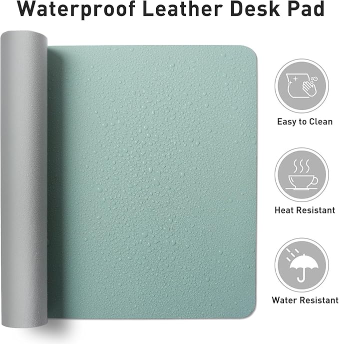 Aothia Faux Leather Desk Mat - Non-Slip PU Leather Desk Blotter, Waterproof Writing Surface, Large Desk Pad for Office & Home (Light Blue, 55" x 17")