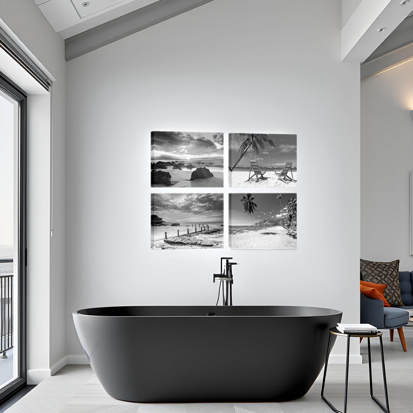 Nachic Wall Black and White Beach Wall Art Sea Sunrise Pictures Palm Tree Landscape Painting on Canvas Modern Home Living Room Bathroom Decor