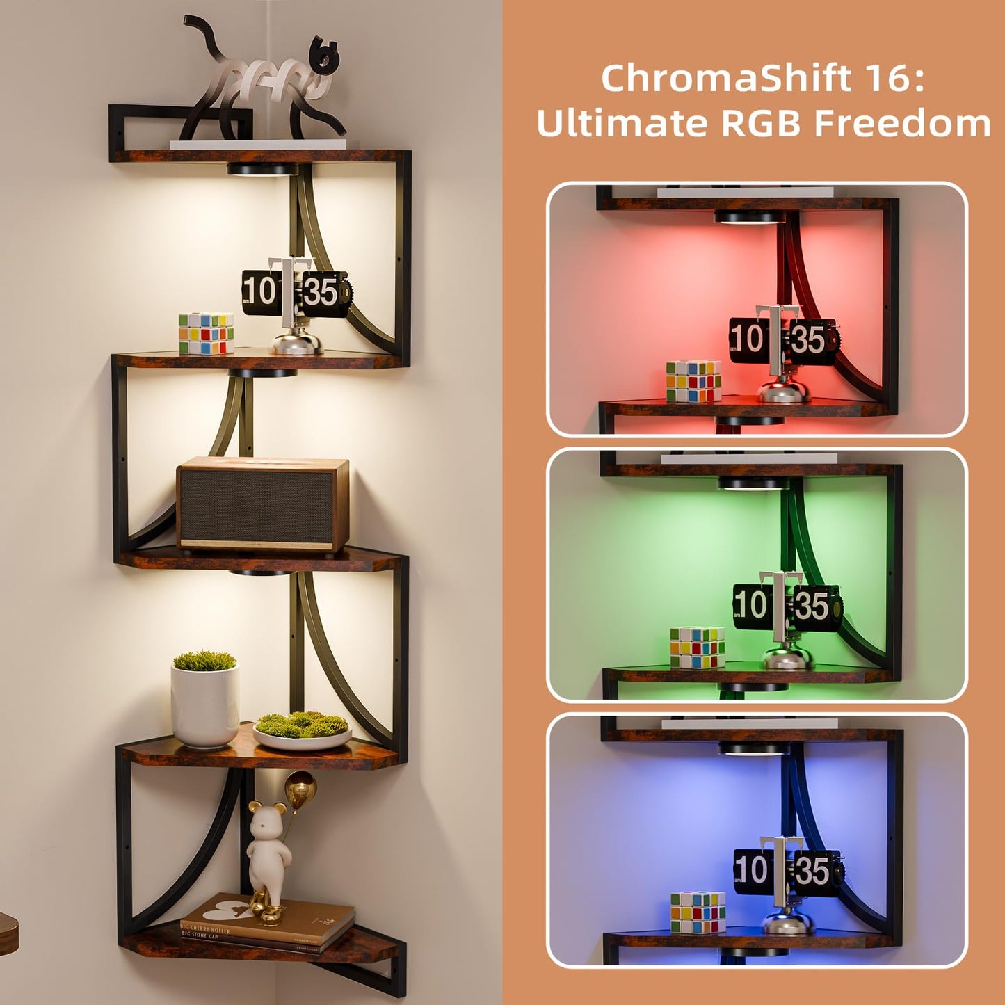 HAAYOT Corner Shelf Wall Mounted with Lights, 5-Tier Floating Metal Shelves for Living Room, Bedroom, Rustic Brown