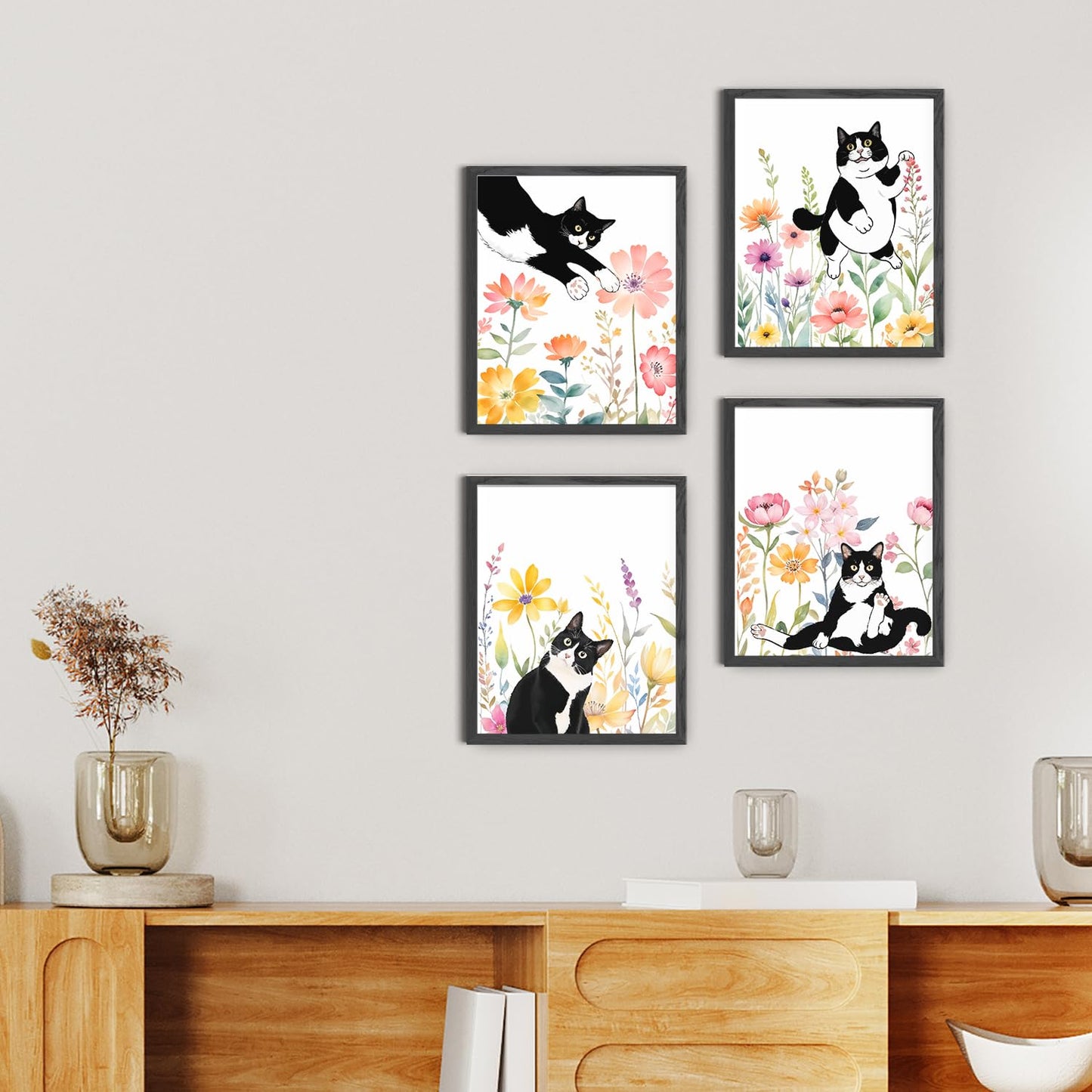 JINYO Wildflower Black and White Cat Wall Art Prints Set of 4, Black Cat Room Home Decor, Funny Cute Tuxedo Kitty Kitten Floral Botanical Posters Pictures Wall Decor, 8x10 Unframed