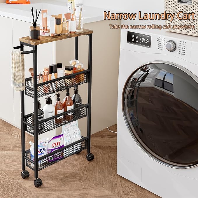 AZERPIAN Slim Rolling Cart 4 Tier Narrow Storage Cart on Wheels with MDF Board Top and Metal Handle for Small Space Kitchen Living Room Home Office Pantry Bathroom Laundry Room(16.54×5.12×30.31 inch)