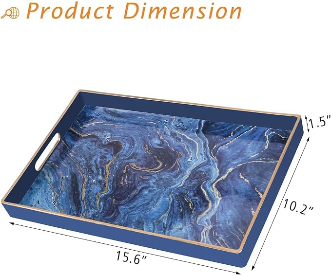 Plastic Serving and Decorative Tray with Handles for Ottoman, Coffee Table, Bathroom Vanity, Blue Marble Rectangular Tray for Countertop and Kitchen, 15.6 x 10.2 Inches