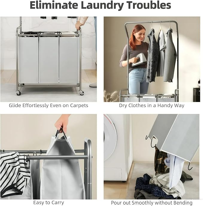 ROMOON Laundry Sorter Hamper with Hanging Bar, 3 Section Rolling Laundry Cart with Clothes Rack & Heavy-Duty Lockable Wheels, Divided Laundry Basket Organizer for Apartment & Small Spaces (135L Grey)