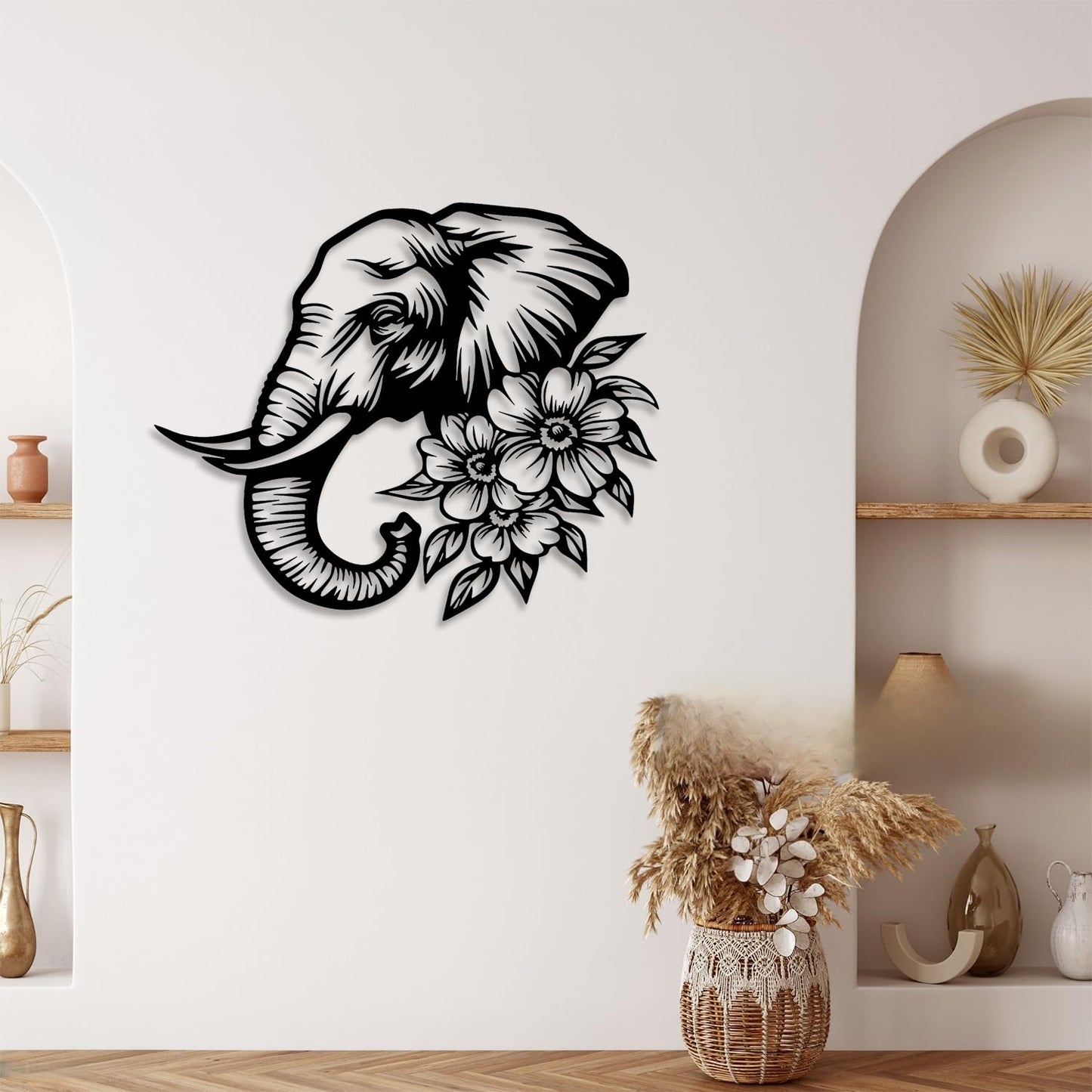 LIYOUYA Elephant Flower Metal Wall Decor - Rustic Farmhouse Room Decor Simple Black Wall Art Home Decor for Living Room, Bedroom, Dining Room, Garden, Courtyard (Black)