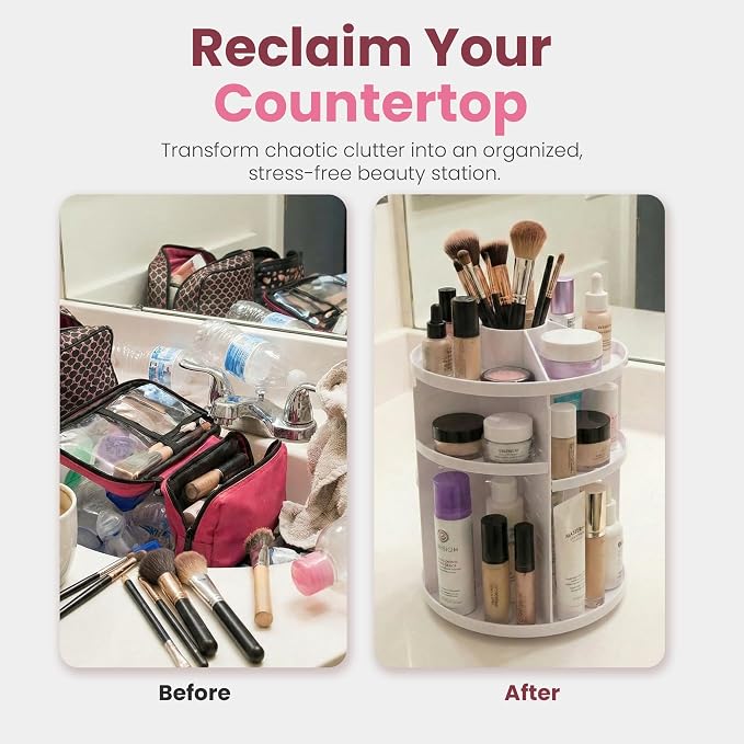 Masirs 360 Rotating Makeup Organizer for Vanity, Adjustable Shelf Height, Large Capacity Cosmetic and Skincare Storage, Lazy Susan Perfume Organizer for Dresser, Bathroom Countertop, White