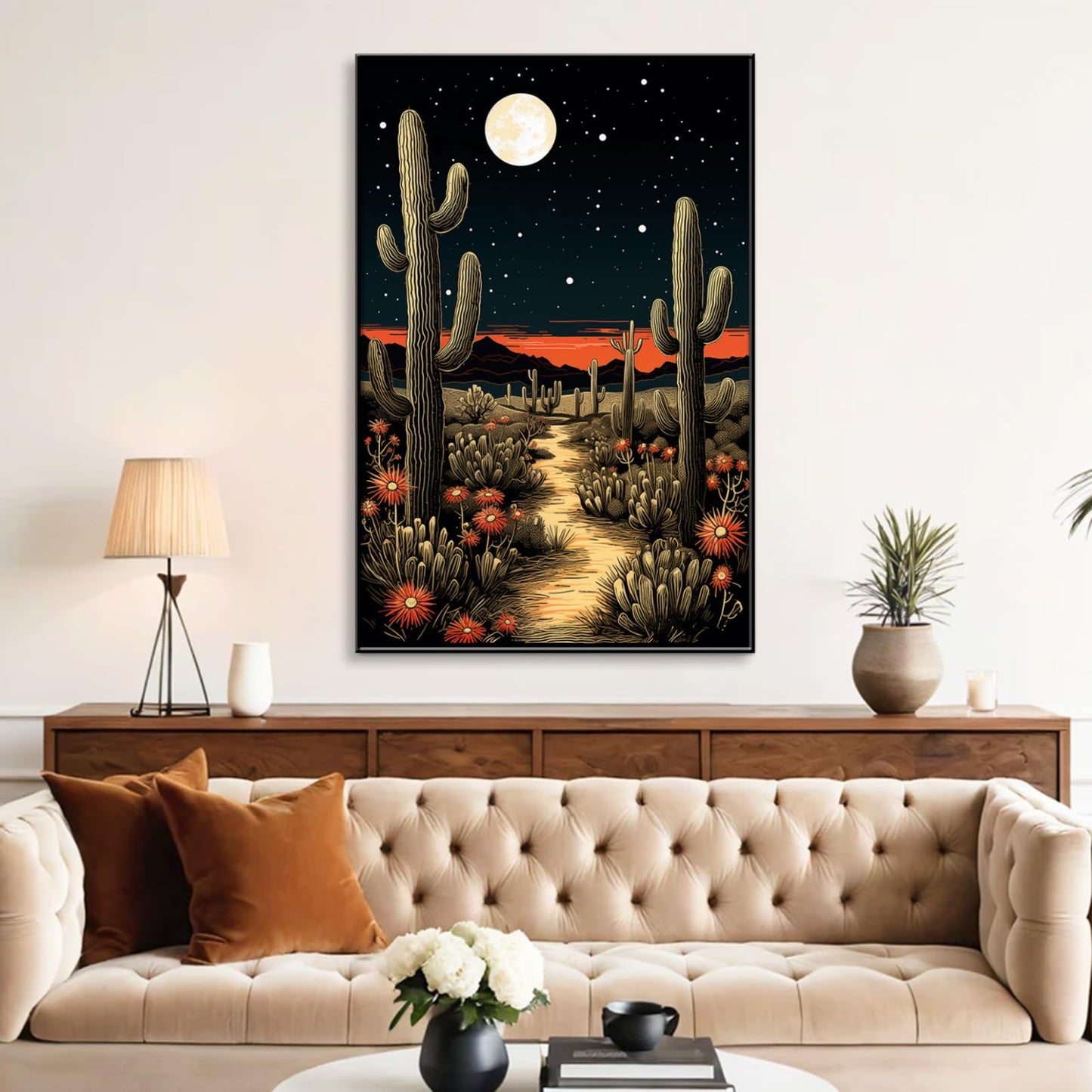 Desert Canvas Wall Art, Cactus Canvas Wall Art, Desert Pictures Print Decor, Landscape Pictures Decor, Western Painting, Living Room, Bedroom for Western Cactus Landscape (Black Framed, 23"x34"| 57x86cm)