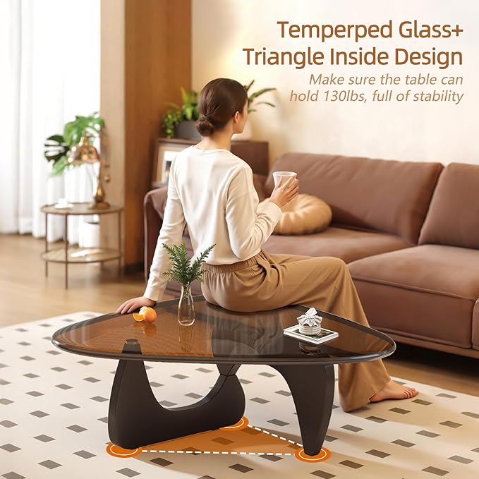 Coffee Table for Living Room Mid Century Modern Center Small Table with Glass Top and Wood, Black Brown(32 Inch)