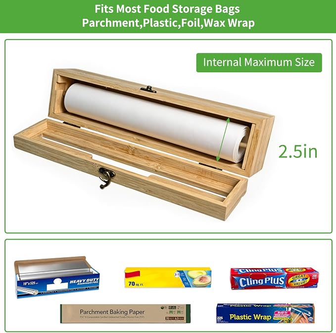 MSJGA Magnetic Plastic Wrap Dispenser with Cutter, Refrigerator Bamboo Organizer for Tin Foil, Baking Paper, Wax Paper Holder Kitchen Storage Box Compatible