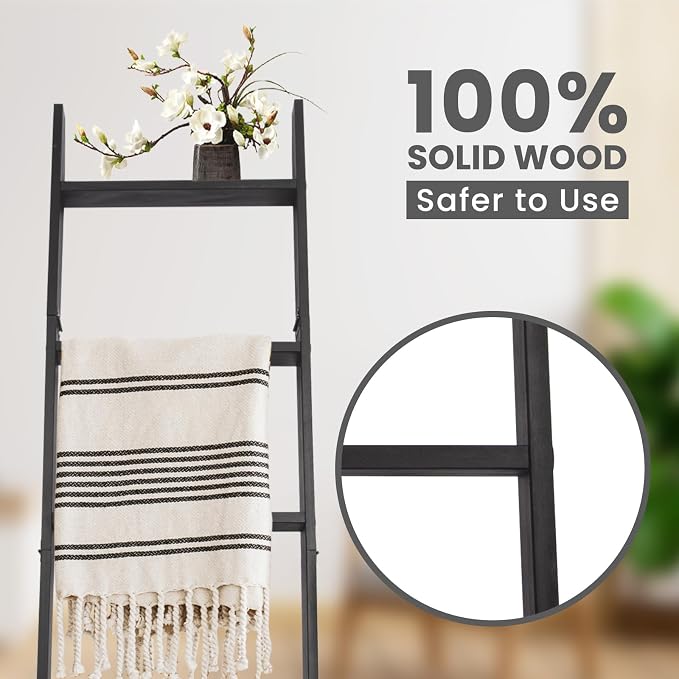 5-Tier Blanket Ladder – 4.8 Ft Wall Leaning Quilt Rack, Farmhouse Blanket Storage for Living Room, Bedroom & Bathroom – Rustic Decorative Wooden Towel & Quilt Holder, Easy to Assemble