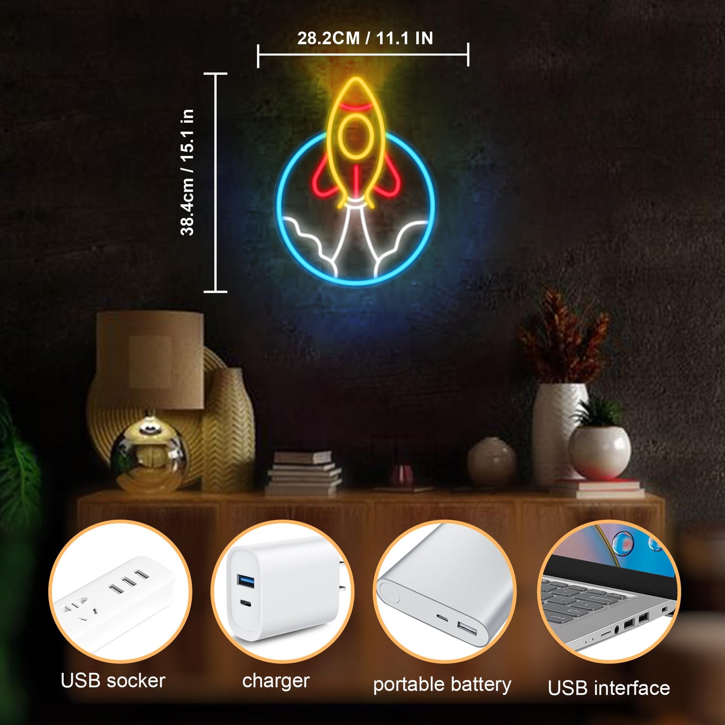 CoolGift Mart Rocket Neon Sign, LED Light Room Decor, USB Powered Light Up Space Element Universe Theme Decoration, for Bedroom Living Room Gaming Room Man Cave Home Party Birthday Gift for Teen Boys