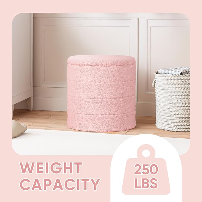 PINPLUS Round Storage Ottoman Foot Rest Stool with Tray Velvet Sherpa Folding Storage Ottoman,Boucle Foot Rest for Living Room, Bedroom, Dorm,Pink Color