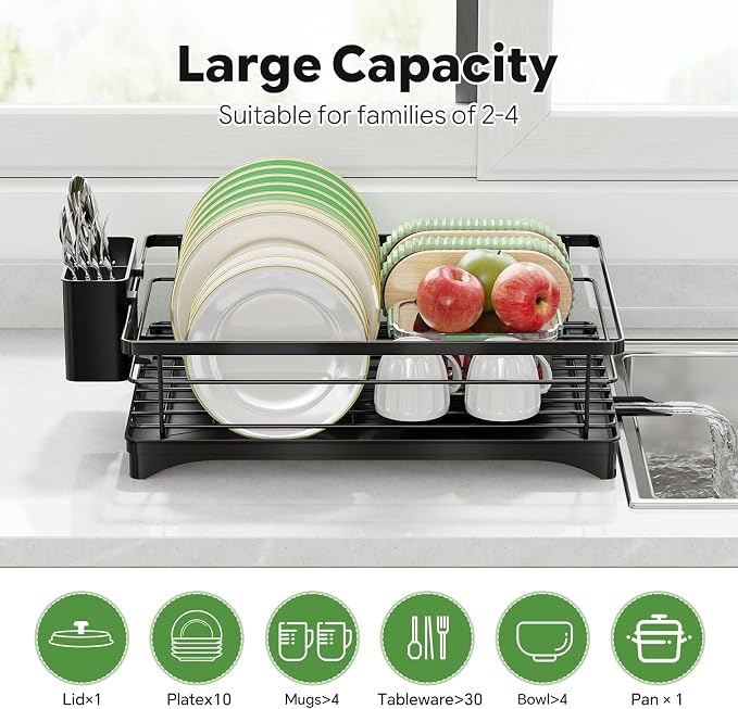 Simple Trending Dish Drying Rack, Stainless Steel Dish Rack for Kitchen Counter, Space-Saving Dish Drainer with Utensil Holder and Drainboard, 12''W x 17''L, Black