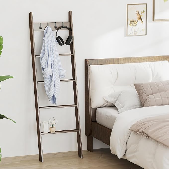 Giantex Bamboo Blanket Ladder, 5-Tier Ladder Shelf w/ 4 Removable Hooks, Decorative Wall Leaning Ladder, Blanket Holder w/Anti-Tip Straps, Farmhouse Towel Display Rack for Living Room, Bedroom