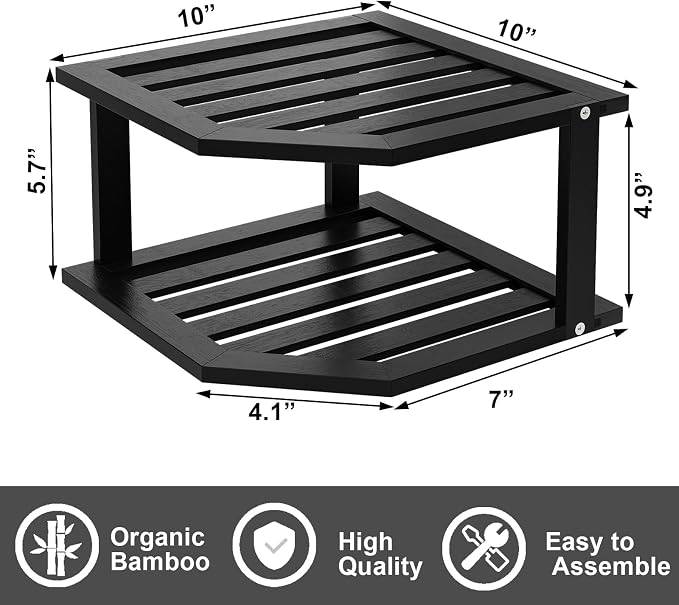 VERTORGAN Bamboo Corner Shelf,2 Tier Plate Organizer for Cabinet and Countertop,Pantry Dish and Spice Rack for Kitchen（Black）