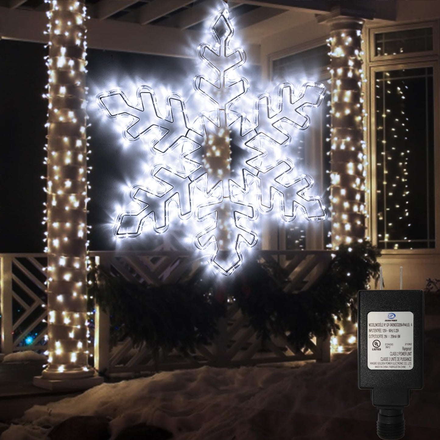 DBFAIRY 27" Christmas Big Snowflake Lights Mains Powered Window Hanging Lights Christmas Snowflakes Light,16.8Ft Long Cable Festive Decor for Porch Wall Window Decor