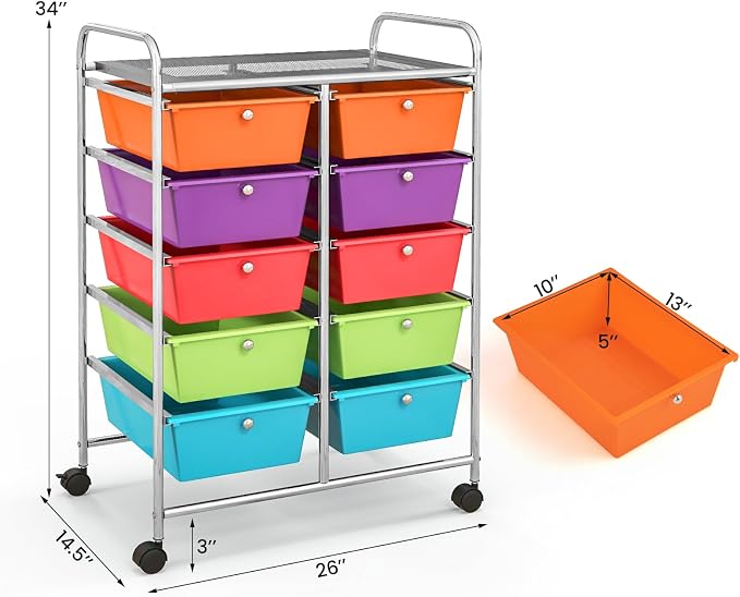 Giantex 10 Drawers Rolling Cart, Classroom Organizers, Storage Cart with Wheels, for Teacher Office Home School Supplies Tool Craft Art Paper, Rainbow Color