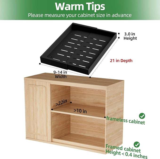 PAKETA 4 Pack Expandable Pull Out Cabinet Organizer, 21'' Deep Pull Out Drawers for Cabinet, Upgrade 3 Slide Rails Sliding Drawers for Cabinets with Adhesive Nano Film (Black, 21"D X 9-14"W)
