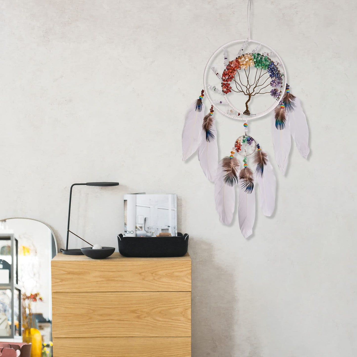 7 Chakras White Tree of Life Dream Catchers Wall Decor with Rainbow Healing Crystal Stone Handmade Art Feather Dreamcatcher Wall Hanging Ornament for Bedroom Decor Blessing Gift Wedding Party-23.6"
