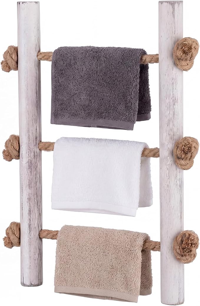 Junkin Ladder Rustic Hand Towel Holder Whitewashed Solid Wood and Rope Farmhouse Bathroom Decor Small Blanket Ladder Wall Mounted Towel Rack for Home Bathroom Decor