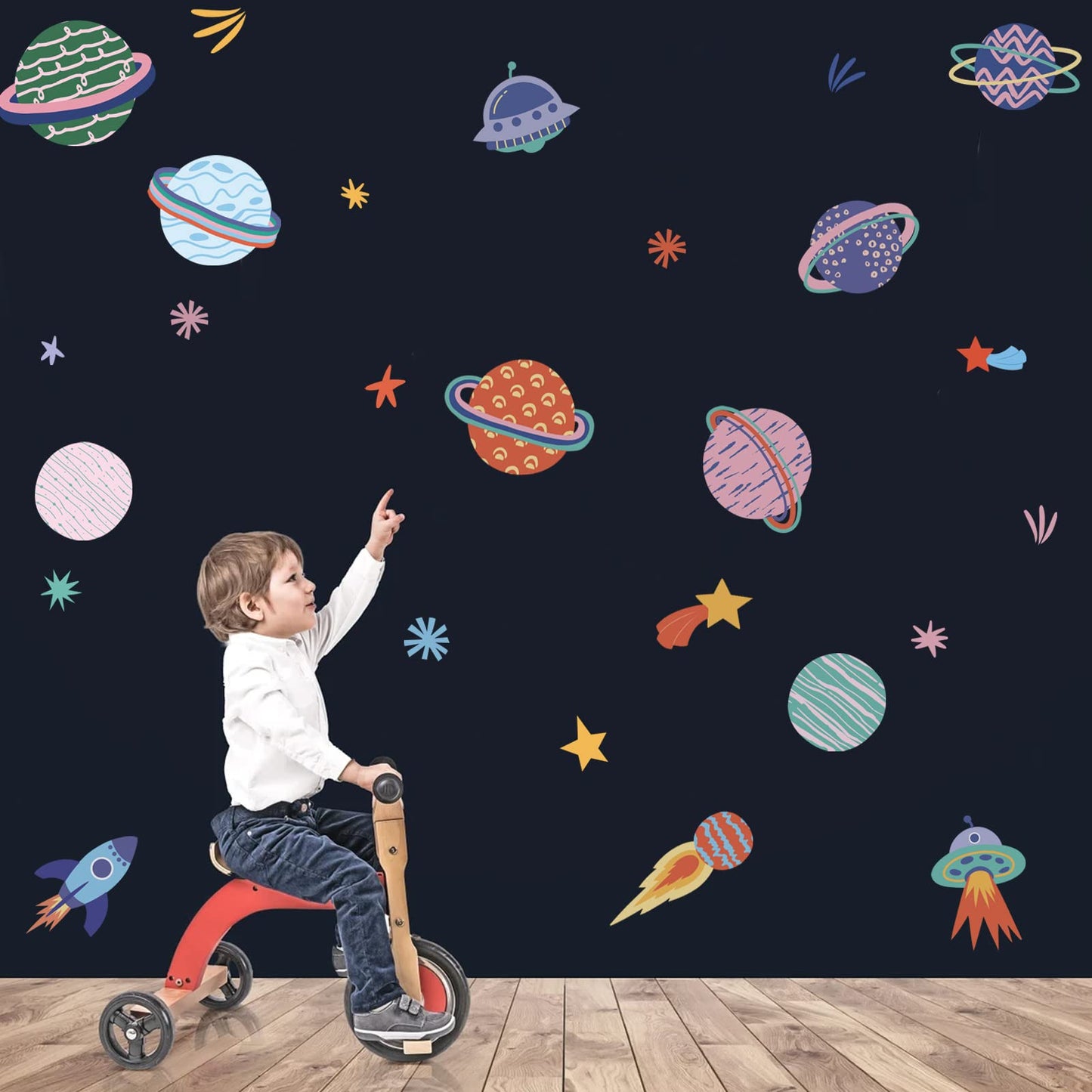 Solar System Galaxy Space Wall Decals Peel and Stick - Rocket Spaceship Star Planets Wall Stickers Removable Vinyl Decals - Aerospace Outer Space Wall Decor for Nursery Playroom Boys Bedroom Kids Room