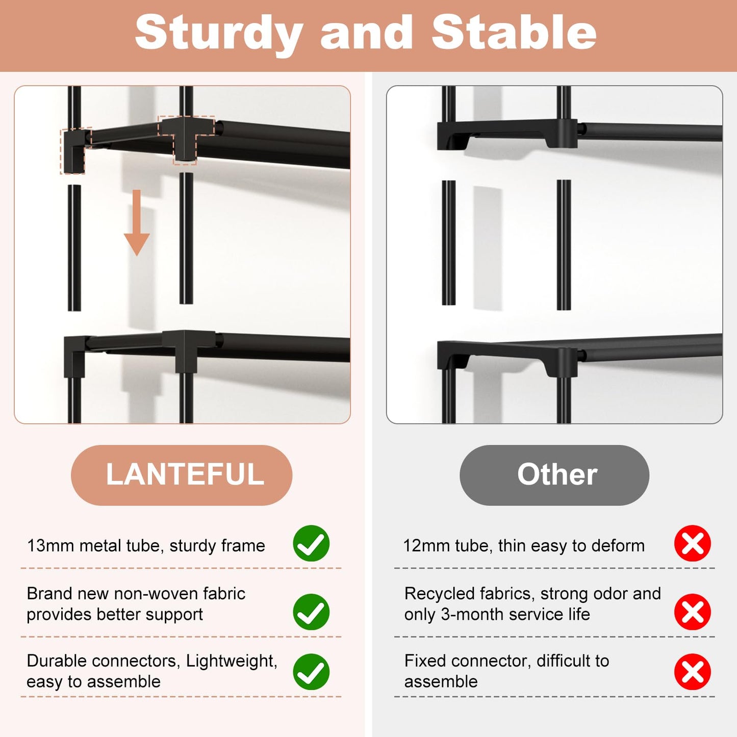 LANTEFUL 10 Tiers Shoe Rack 50 Pairs Large Capacity Tall Shoe Organizer Sturdy Shoe Storage with Two Hooks Space Saving Metal Wide Shoe Rack for Closet, Entryway, Bedroom, Black