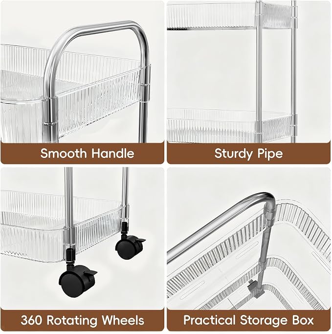STARLATTA 3 Tier Rolling Cart with Lockable Wheels, Clear Acrylic Utility Trolley with Handle, Heavy-Duty Storage Organizer for Kitchen Bathroom Nursery Laundry - Snack Book Craft Organizer (Clear)