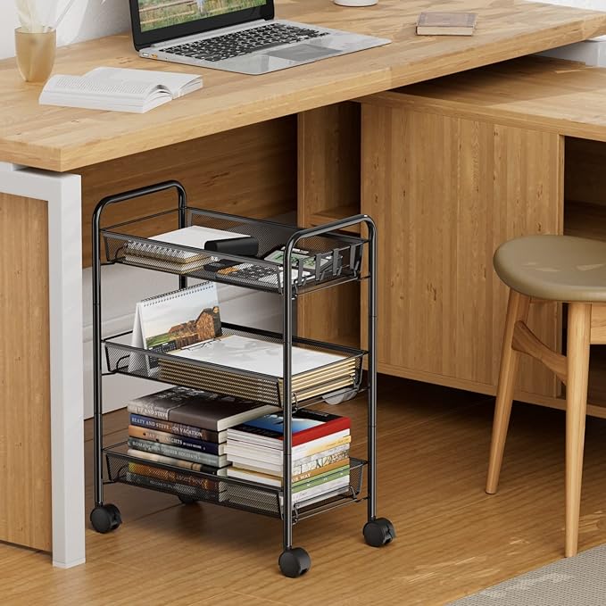 3-Tier Mesh Rolling Cart - 24.8" H Fits Under Desk Metal Cart with Wheel | Hold 35bls/Tier Small Space Storage Organizer Crafts Utility Cart for Office Pantry Bathroom Kitchen Laundry, Black