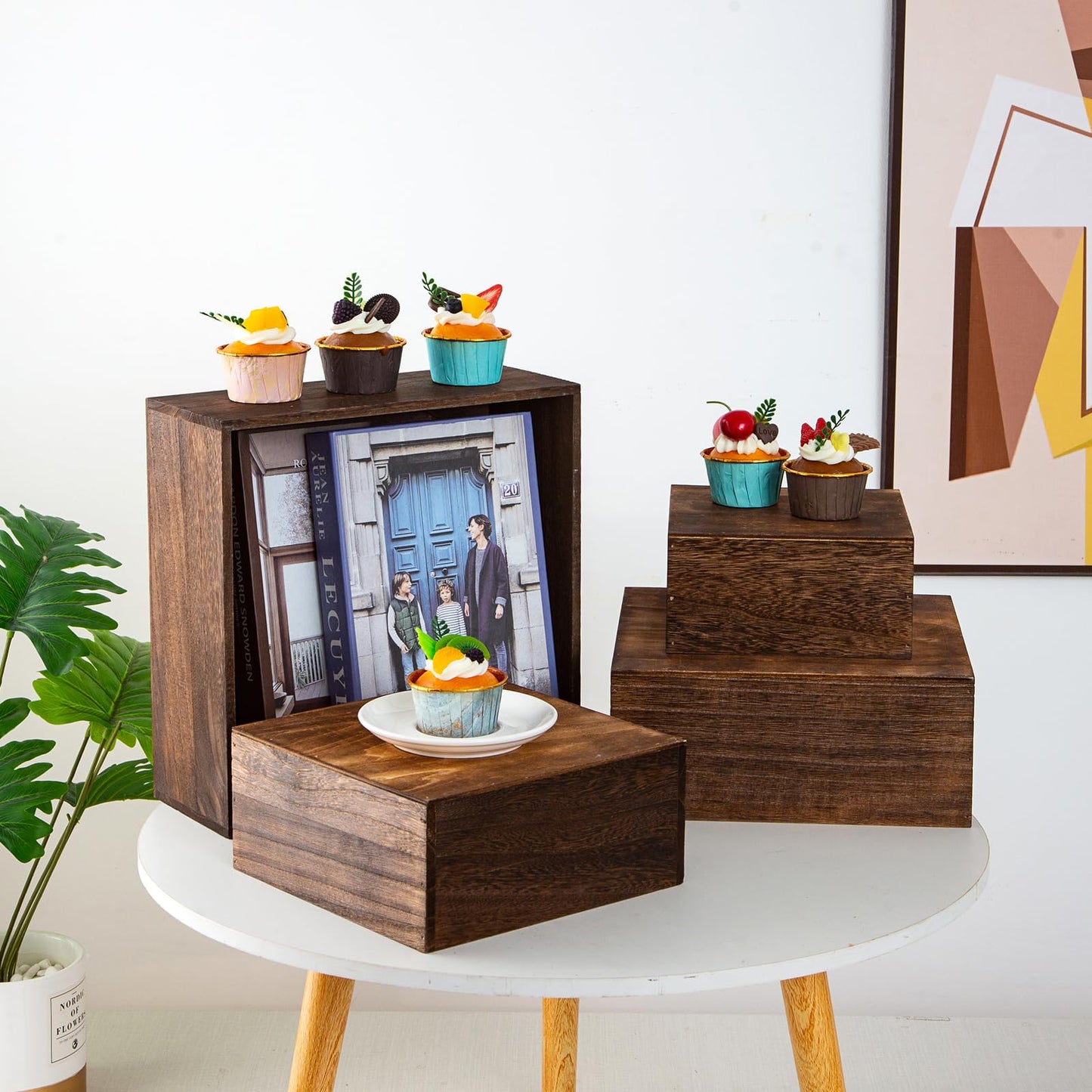 VDEHOM Vintage Brown Square Wooden Cake Stands For Display,Set Of 4 Wood Cupcake Stands Risers, 12 Inches Rustic Wood Crates For Wedding Cake Display, (Vintage Brown)