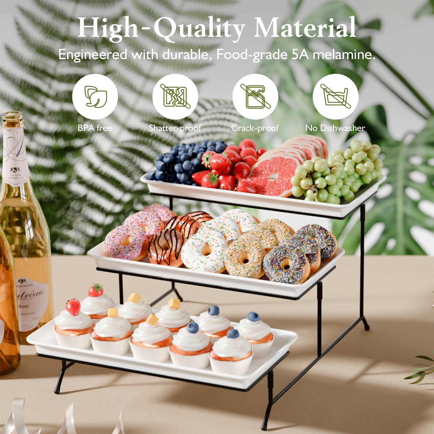3-Tier Melamine Serving Tray Set, 14"x7" Platters for Serving Food, White Reusable Trays with Black Metal Display Stand for Cupcakes, Sevring Food, Dessert, Fruit, Cookie, Black