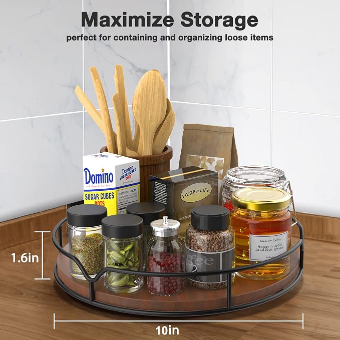 Lazy Susan Turntable Organizer with Anti-Slip Mat for Cabinet Pantry Kitchen Countertop Refrigerator Office, Pine Wood, 10", Brown
