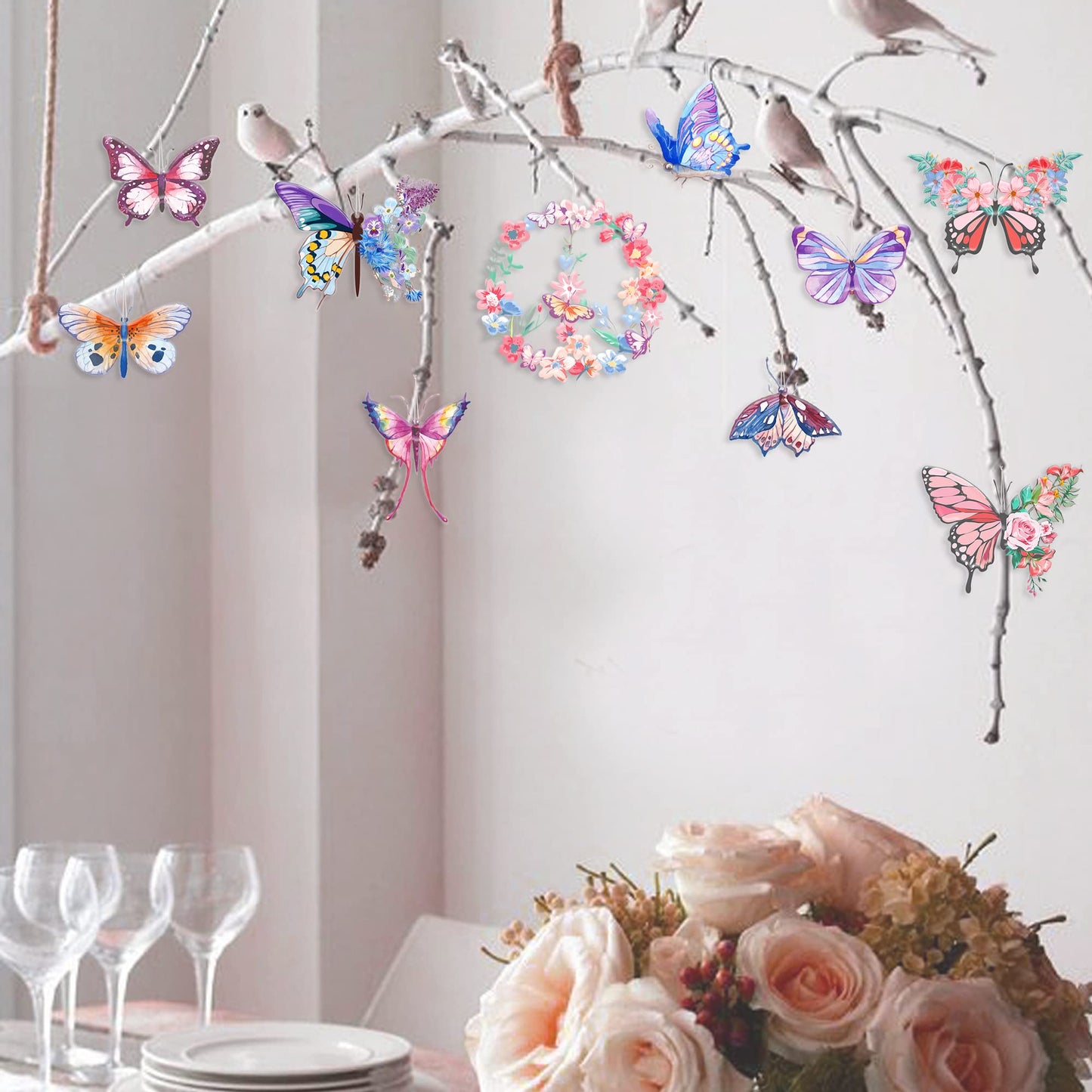 16Pcs Butterfly Ornaments Floral Flower and Butterflies Wreath Acrylic Hanging Tree Ornament Pendant Garland Banner for Spring Summer Wedding Bridal Shower Baby Shower Tea Party Nursery Decorations