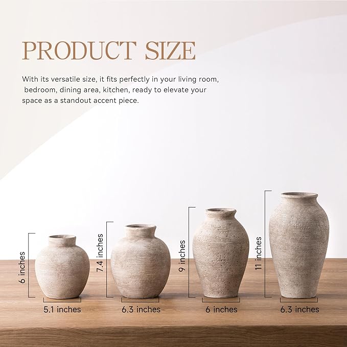 Vanselia Ceramic Flower Vase Home Decor - Small Farmhouse Table Vases Rustic Vintage Living Room Kitchen Bedroom Decorations for House Book Shelf Office Coffee Desk Dining Fireplace (6" Retro)