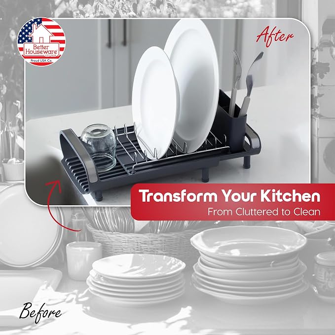 Better Houseware in Sink Dish Drying Rack, Dish Drying Rack in Sink with Non-Slip Handles, Stainless Steel Space-Saving Design, Dish Rack Holds 8 Plates, 12.25 x 18 x 10.75 Inch, Gray
