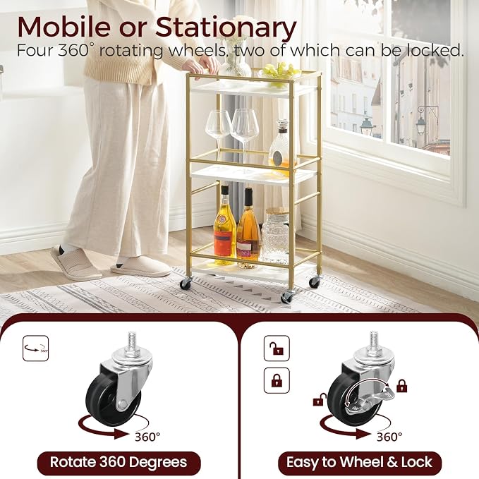 MAHANCRIS Bar Cart for The Home, 3-Tier Drink Cart on Wheels, Home Bar Serving Cart, Mini Bar Cart for Small Space, Rolling Kitchen Carts for Bar, Kitchen, Dining Room, Gold RCJW4001