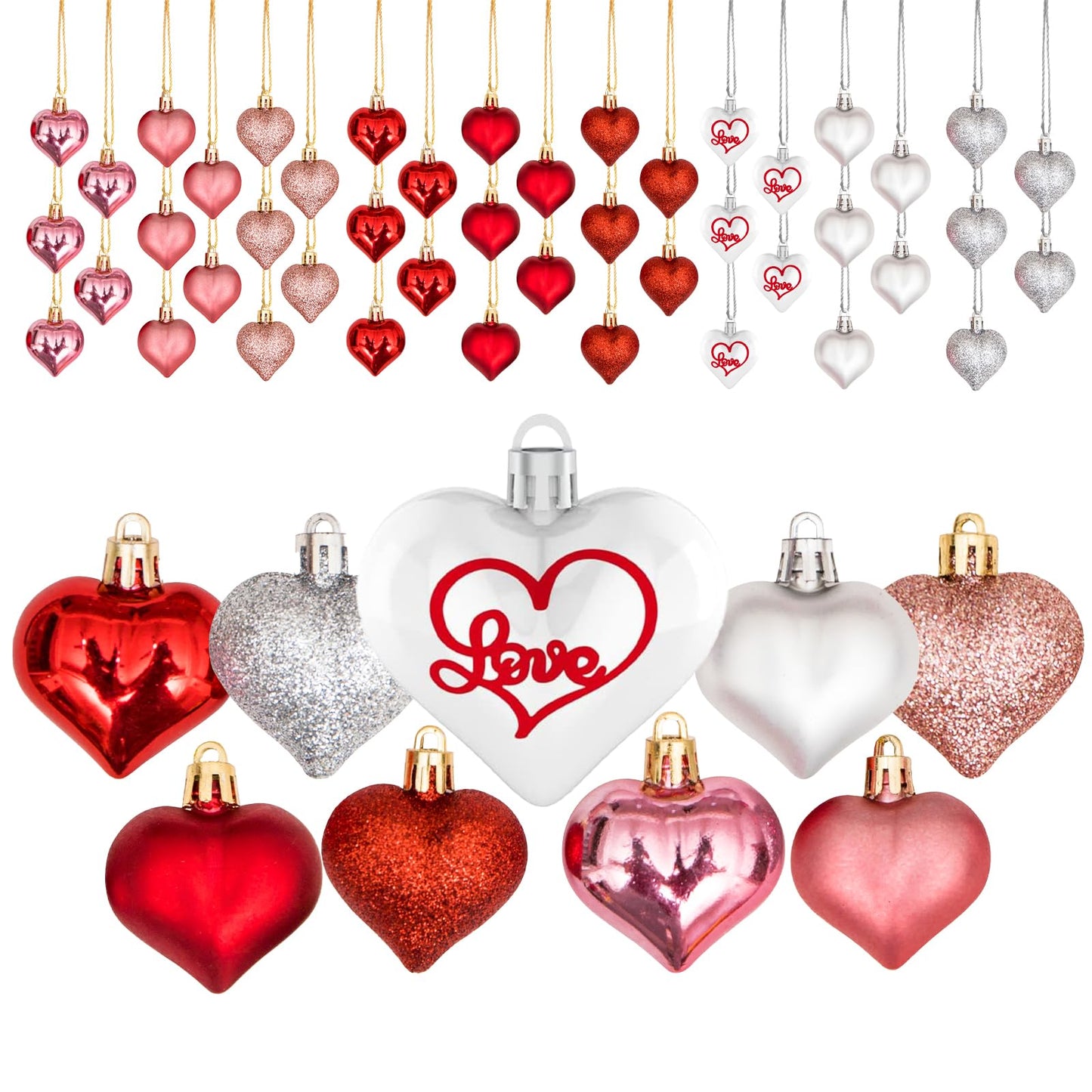 45Pcs Valentine's Day Heart Shaped Ornaments, Heart Shaped Baubles Red Pink Glitter White Silver Hanging Decorations for Valentine's Day Christmas Wedding Anniversary(9 Styles)