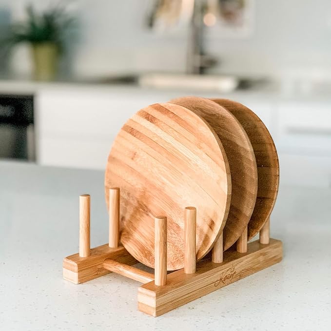 Pot Lid Organizer, Dish Drying Rack Dishware Holder 100% Natural Bamboo Drainer Stand - Wooden Finish- Holds Plates Bowls Mugs Cups Cutting Board (Natural Bamboo- Plate Holder (Set of2))