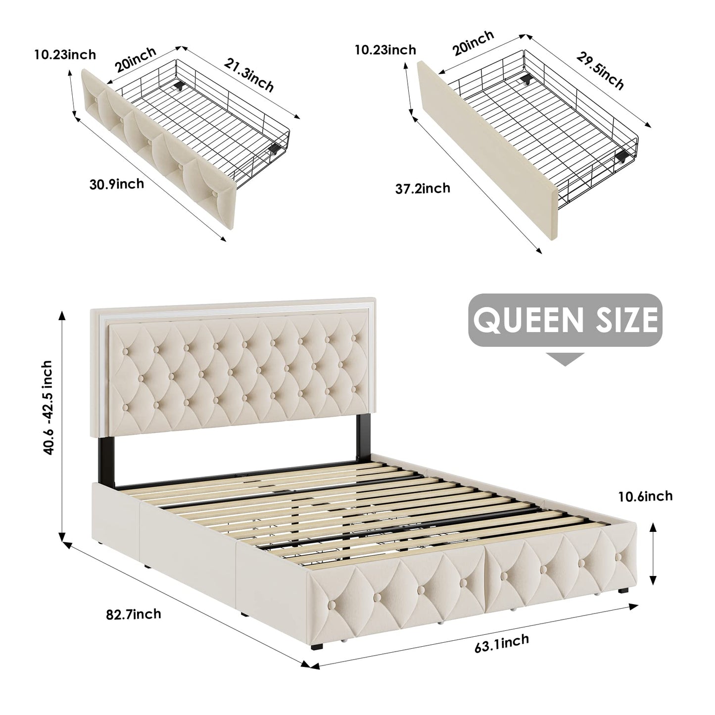 Keyluv Queen Upholstered LED Bed Frame with 4 Drawers, Velvet Platform Storage Bed with Adjustable Button Tufted Headboard and Solid Wooden Slats Support, No Box Spring Needed, Beige