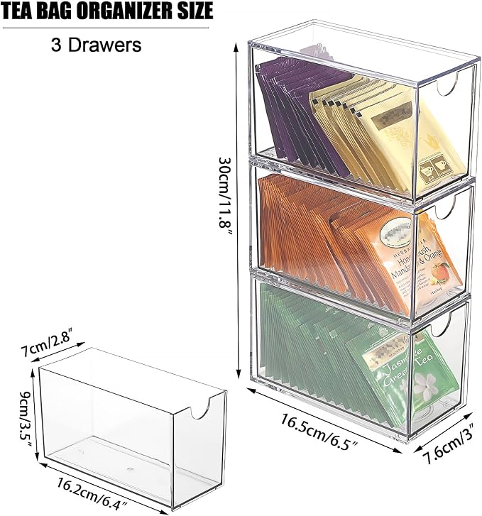 ELLDOO 3 Drawers Tea Bag Organizer, Clear Acrylic Stackable Tea Bag Storage Holder for Kitchen Pantry, Coffee Pod Snack Storage for Countertop Cabinet